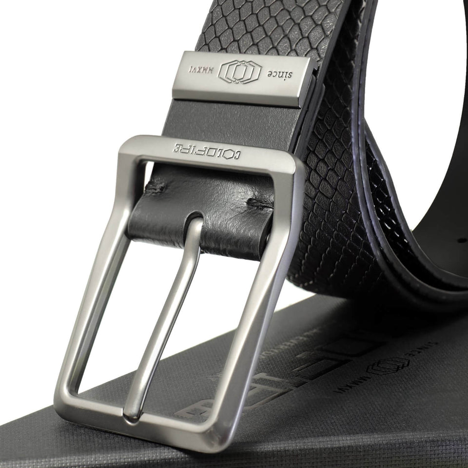 COLDFIRE Casual Men's Leather Belt | Heavy Duty EDC Belt | Black Snake Skin Pattern - COLDFIRE